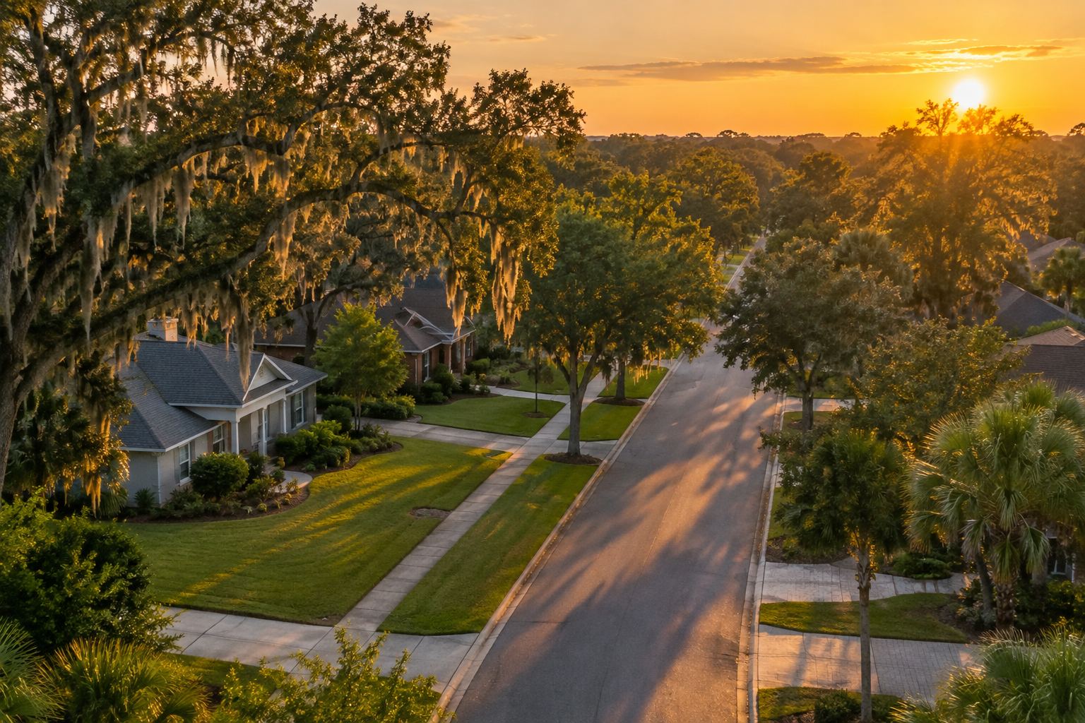 A tree lined Jacksonville, Florida neighborhood street at golden hour, illustrative
