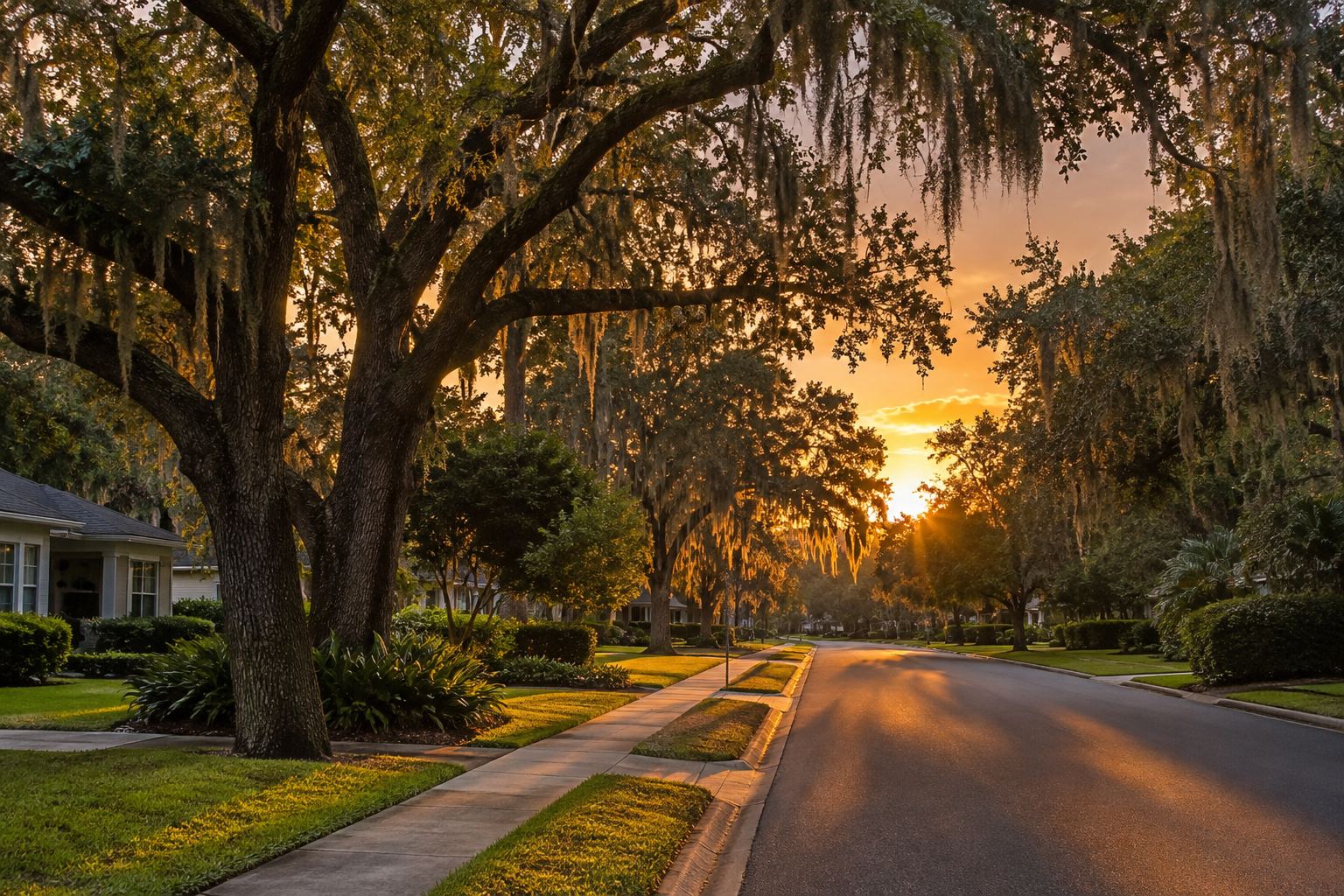 A First Coast area Florida street at sunset, illustrative