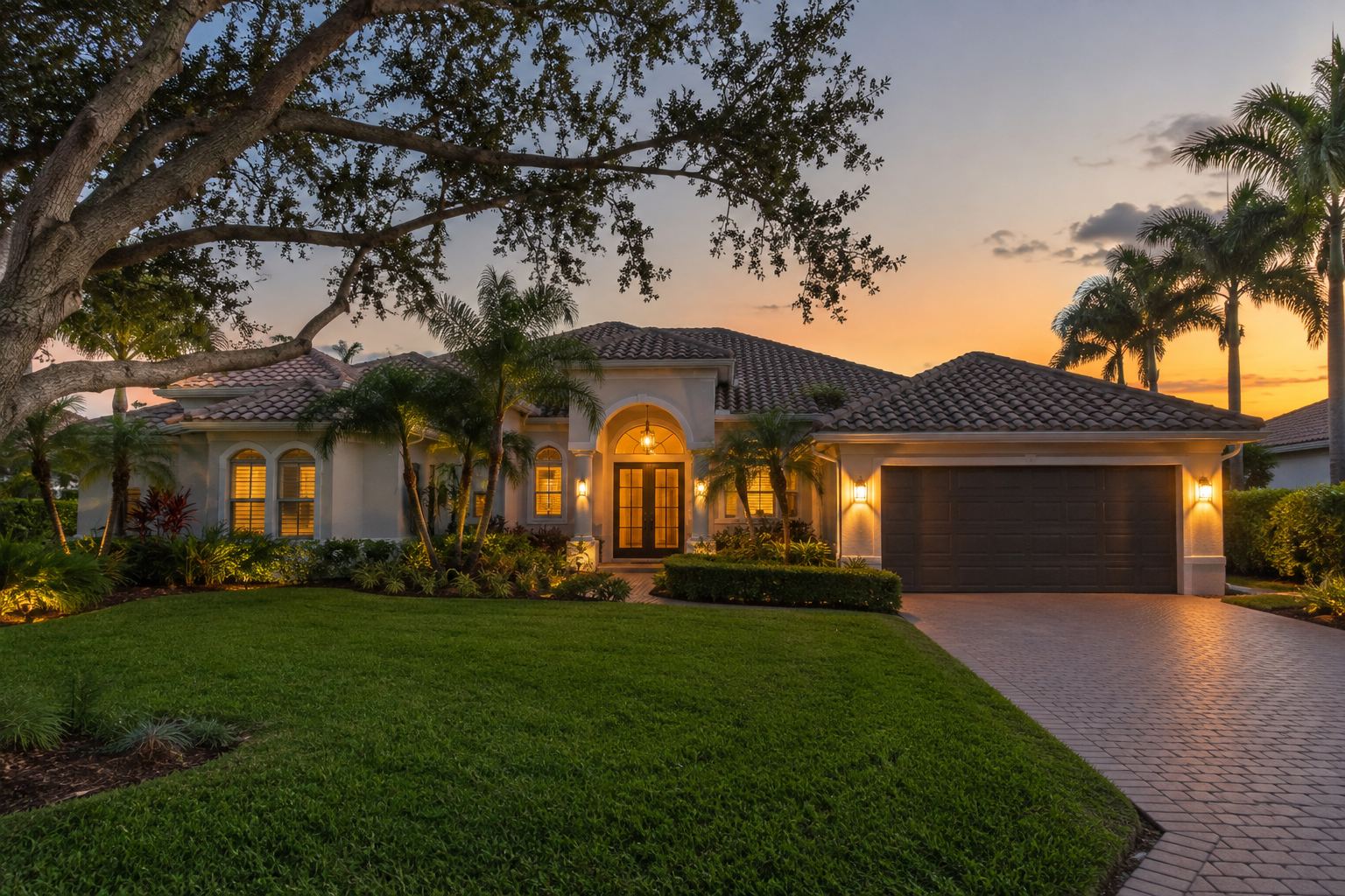 A Jacksonville area Florida home exterior at dusk, illustrative