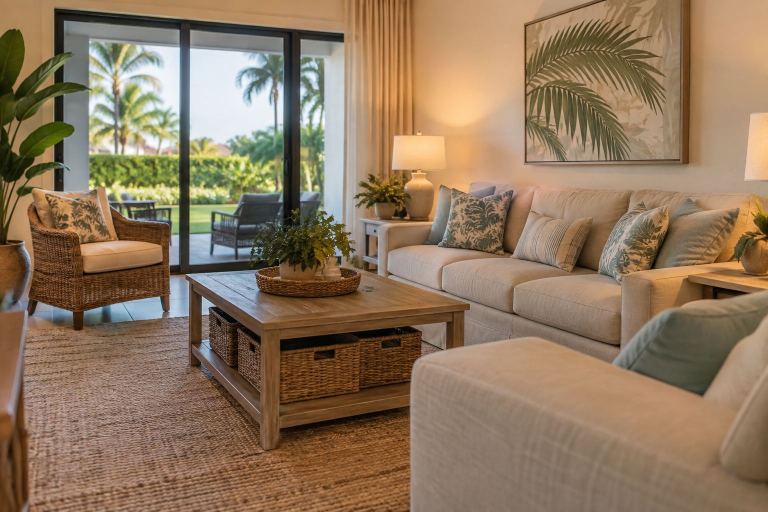 A cozy Florida living room, illustrative